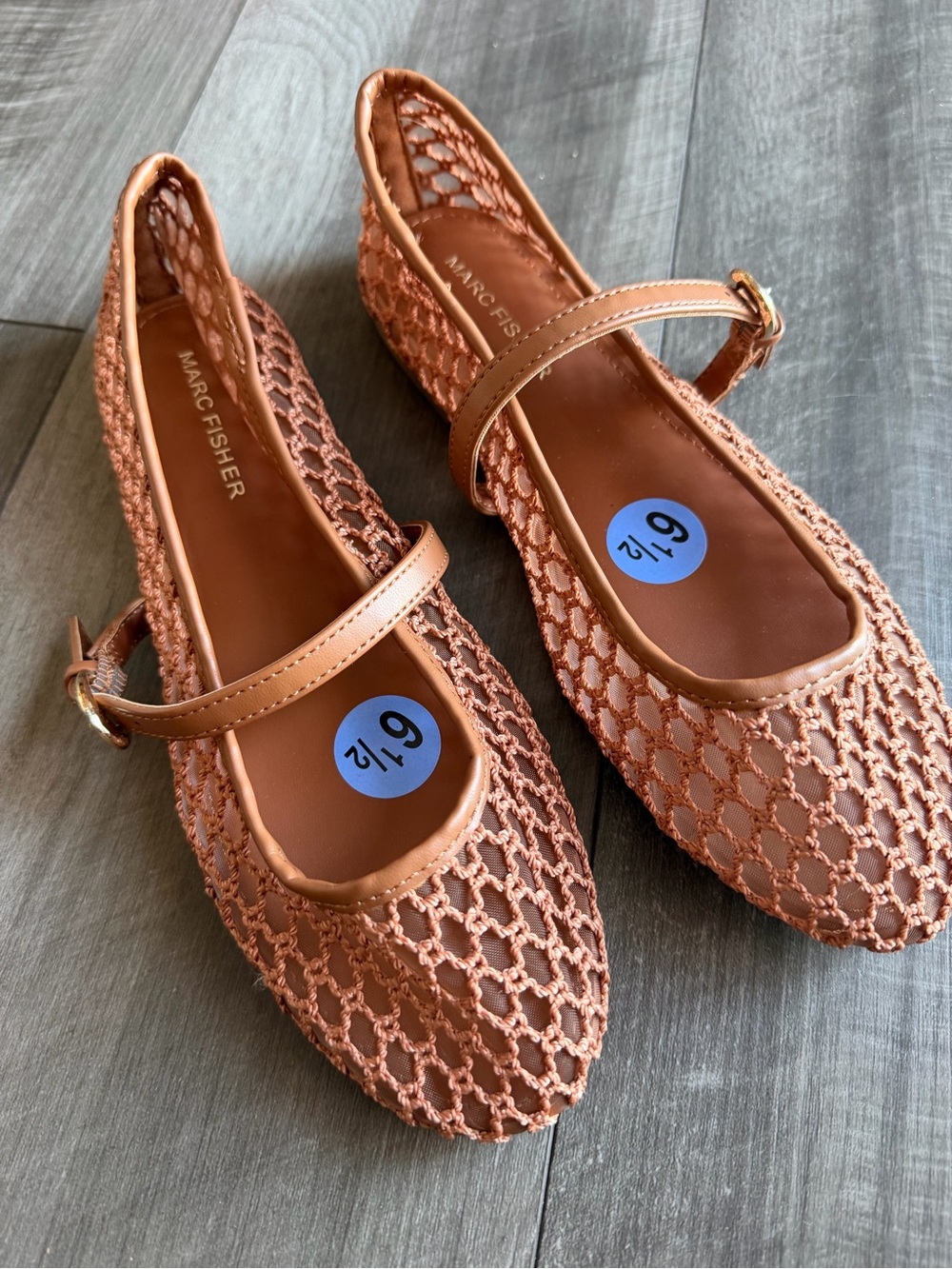Marc Fisher Brown Mesh Mary Jane Ballet Flats Buckle Strap Round Toe Women’s 6.5